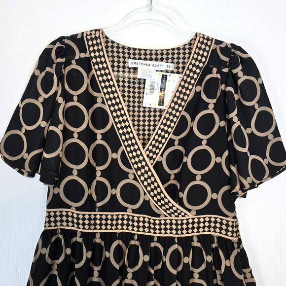 Gretchen Scott Le Marais Dip Dot Dress Black Tan Tiered Chiffon Midi Maxi M NEW - Picture 4 of 10